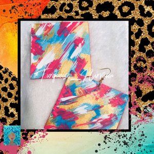 L-56: Pink Blue white Gold X-Large Square Earrings